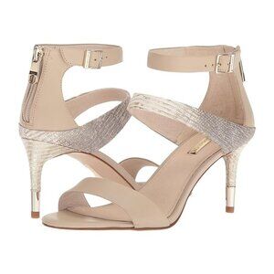 NEW Louise Et Cie Women Keit Texture Block Gold Zip Ankle Strap Heel Dress Shoe